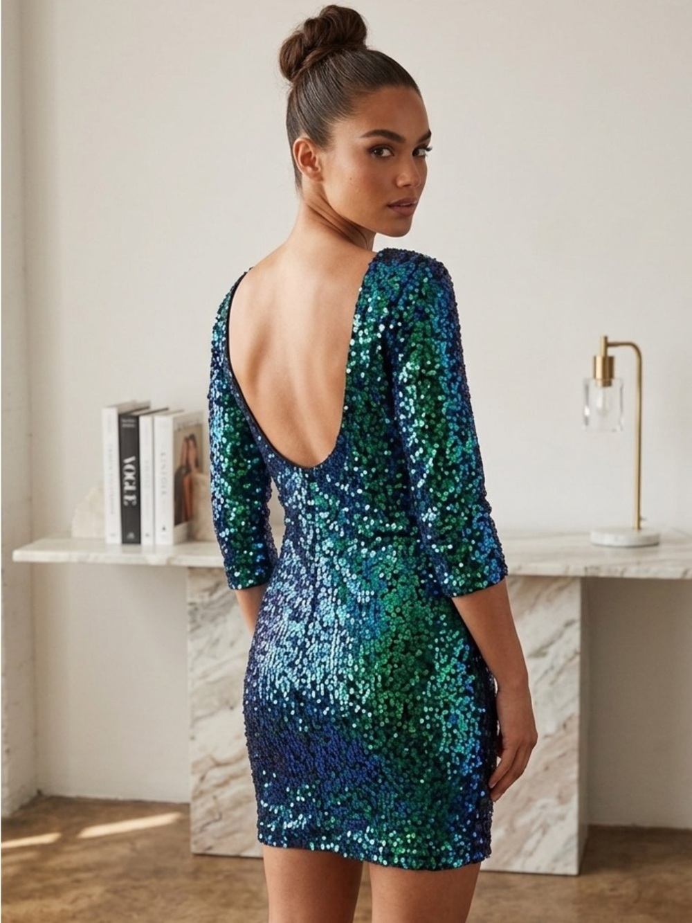 Mermaid Green Blue Sequin Long-Sleeve Dress Elegant Holiday Party Wear Size XS